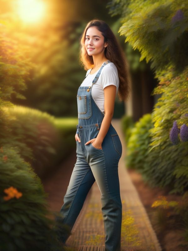 Girl wearing fully covered denim dungarees and a white top, standing in a sunny park surrounded by greenery.