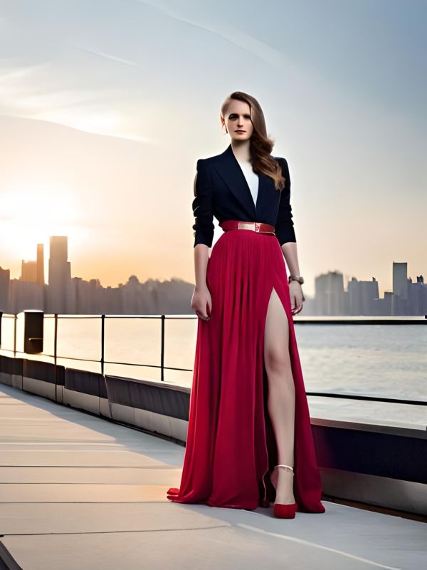 Stylish girl wearing a long red slit skirt tucked in a black blouse, standing amid a city with a beautiful sea view in the background