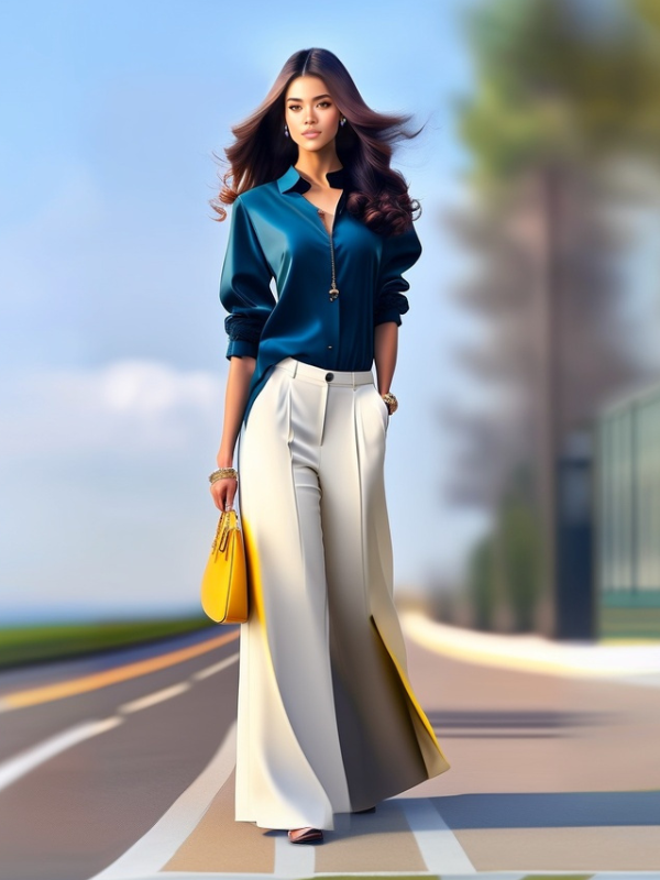 Stylish girl wearing fully covered palazzo pants and a modest top, showcasing their billowing silhouette and fashionable modesty.