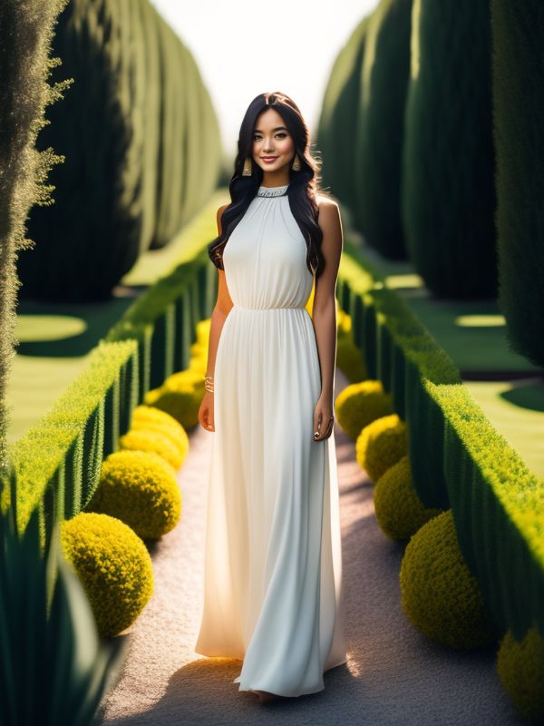 Woman wearing a fully covered long white maxi dress, surrounded by greenery in a sunny park